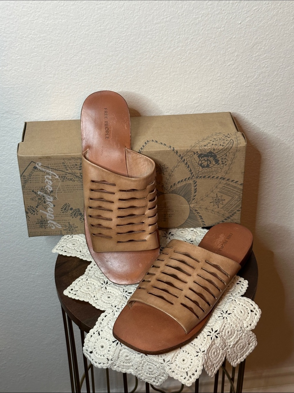 Free People Brown Woven Leather Slide Sandals